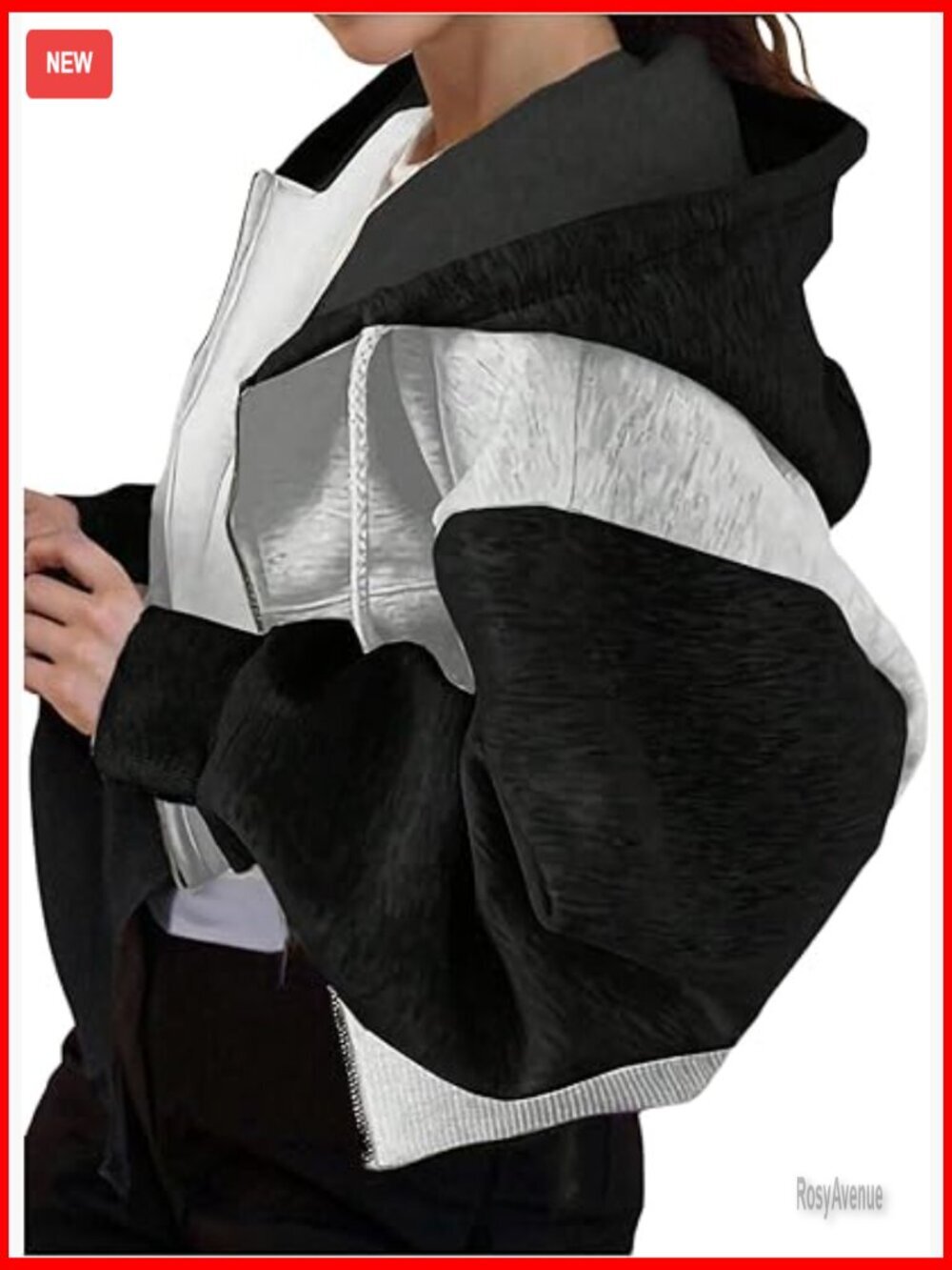 Cropped Zip Up Hoodie Fleece Color Block Drawstring Long Sleeve Jacket